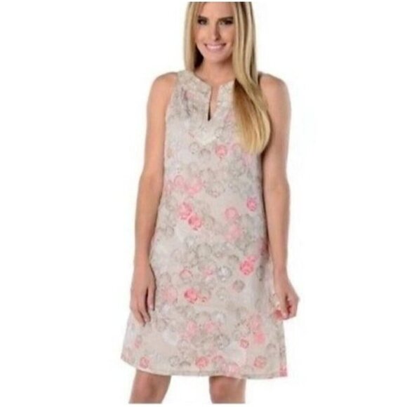 Tommy Bahama Linen Shift Dress Size M Shell Print Sleeveless Tan Pink Palm Beach - Picture 1 of 14